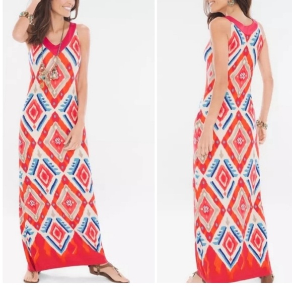 Chico's Vibrant Red and Blue Maxi Dress Size 1 (8-10) - Picture 1 of 3